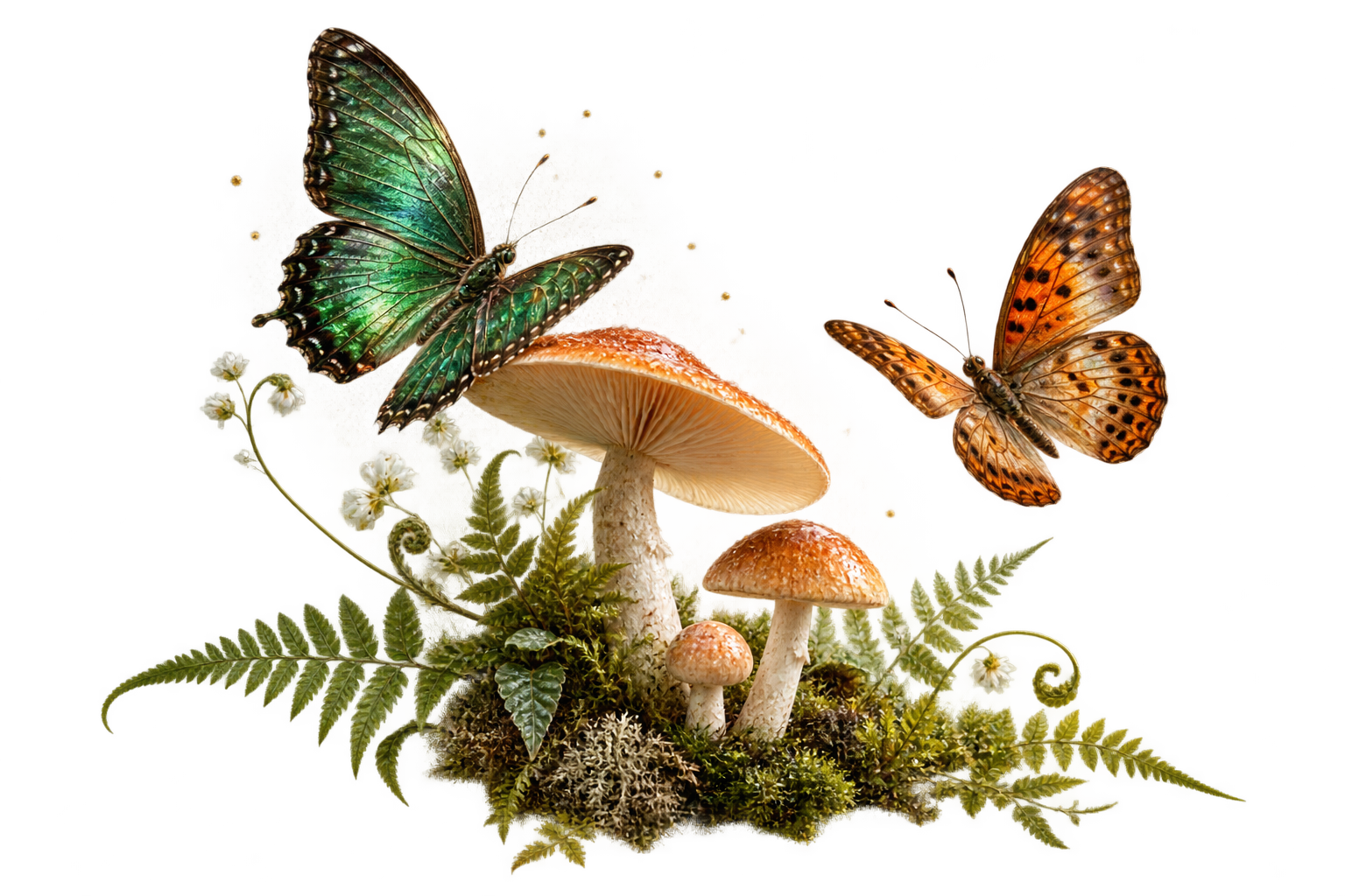 Emerald and orange butterflies among woodland mushrooms